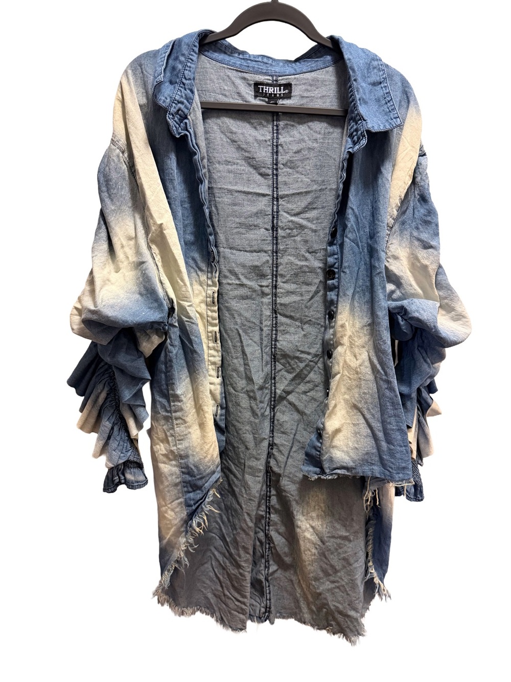 Thrill Jeans 2X Acid Wash Ruffle Sleeve Denim Duster Shirt Jacket